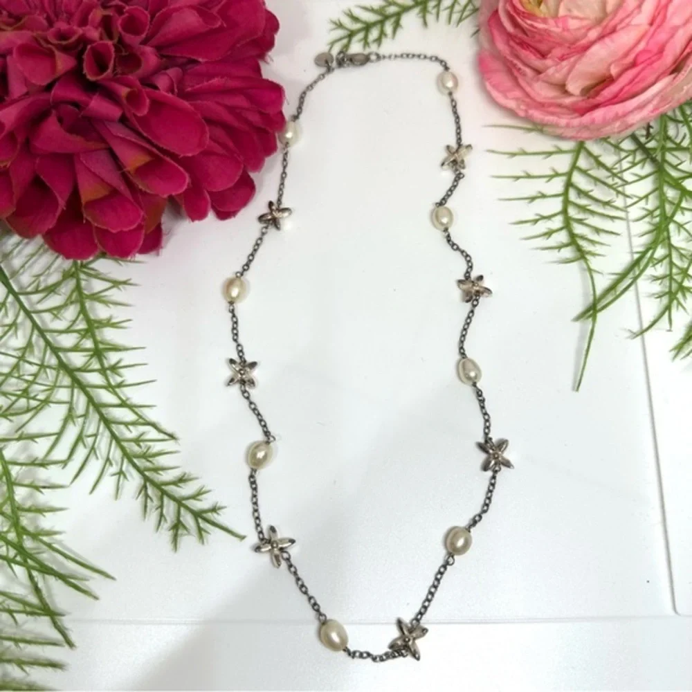 Vintage⚜️Sterling Silver & Pearl Charm Chain Necklace